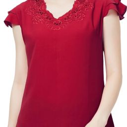 Casual Cap Sleeves Embroidered Women Red Top-image-47