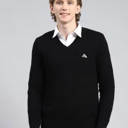 Men Self Design V Neck Black Sweater-image-46