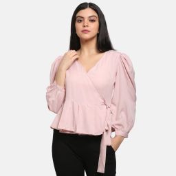 Casual Puff Sleeves Solid Women Pink Top-image-59
