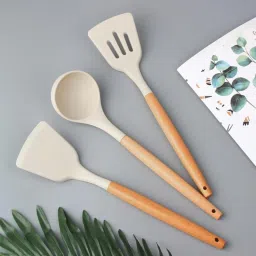3 Silicon Spatula for Kitchen | Non-Stick | Cooking Spatulas with Wooden Handle Kitchen Tool Set-image-48