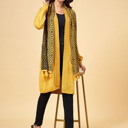 RANGMANCH BY PANTALOONS Women Mustard & Black Longline Shrug With Stole-47