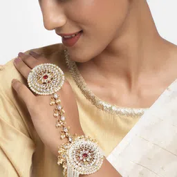 Zaveri Pearls Gold-Toned & White Kundan & Pearls Studded Ring Bracelet-image-28