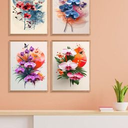 Aura White & Blue 4 Pieces Floral and Botanical Wall Paintings-92
