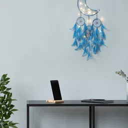 DULI Blue & Silver Toned Metal Crescent Moon Hanging With Lights Windchime-image-84