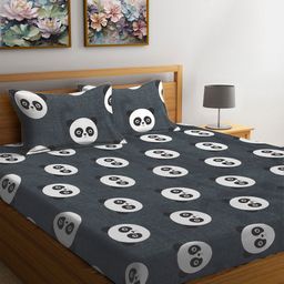 FABINALIV Grey & White Cartoon Characters Printed 300 TC King Bedsheet Set 2.50 m X 2.25 m-39