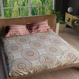 LABHAM Insignia Beige & Maroon Floral Pure Cotton 180 TC King Bedsheet & 2 Pillow Covers-image-64