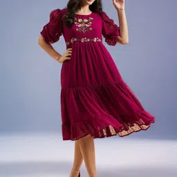 Azira Floral Embroidered Round Neck Short Puff Sleeves Georgette Fit & Flare Tiered Dress-image-5