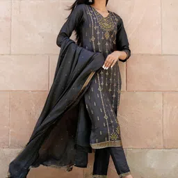 Libas Women Charcoal Grey & Mustard Yellow Ethnic Zari Straight Kurta Trousers Dupatta-15