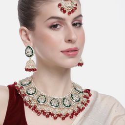Peora Women Gold-Plated Kundan Studded Necklace with Earrings and Maangtikka-24