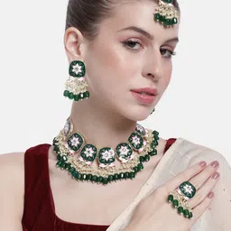Peora Women Gold-Plated Kundan Studded Necklace with Earrings and Maangtikka-image-2