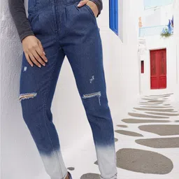 The Roadster Life Co. Women Mystery Hint Distressed Ombre High Rise Pure Cotton Mom Jeans-image-52