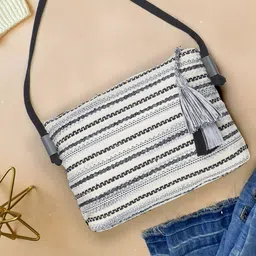 Anekaant Textured Striped Jacquard Cotton Acrylic Canvas Sling Bag With Tassell-48