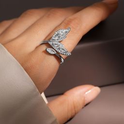 Rubans Rhodium Plated Cubic Zirconia Studded Leaf Design Openable Adjustable Ring-7