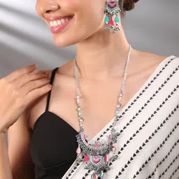 Rubans Oxidized Silver-Plated Multicolor Enamel & Beaded Dangling Silver Bead Necklace Set-6