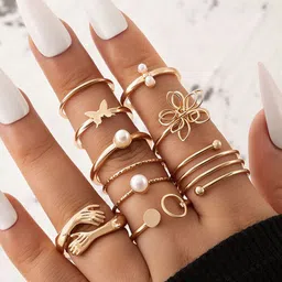 Shining Diva Fashion Set Of 9 Gold-Plated Pearls Beaded Finger Rings-image-87