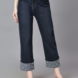 FASHIONFIBRE Women Pearl Design Clean Look Dark Shade Straight Fit High-Rise Cotton  Jeans-image-86