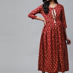 anayna Maroon & Golden Block Print Cotton Layered Maxi Nursing Dress-image-1
