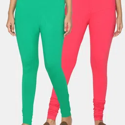 TSG Bliss Women Pack Of 2 Green & Fuchsia Solid Churidar-Length Leggings-image-3