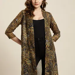 Qurvii Women Beige & Black Animal Skin Printed Longline Shrug-25
