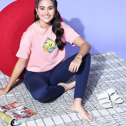 Looney Tunes by Dressberry Women Pink & Navy Blue Printed Night suit-image-43