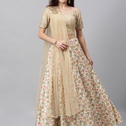 Ethnovog Beige  Cream-Coloured Embroidered Made to Measure Lehenga  Blouse with Dupatta-0