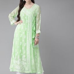 ADA Green & White Chikankari Hand Embroidered Sustainable Angrakha A-Line Handloom Kurta with Inner-6