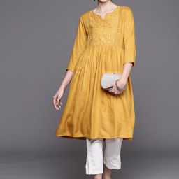 Biba Women Mustard Yellow Embroidered Mirror Work Yoke Design A-Line Kurta-31
