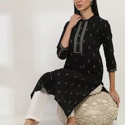 Rangriti Ethnic Motifs Printed Mandarin Collar Cotton Straight Kurta-picture-45