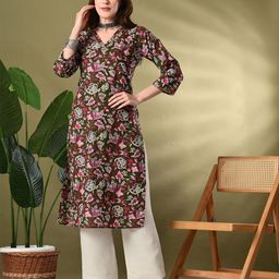 Lavantika Floral Printed Sequinned V-Neck Pure Cotton Straight Kurta-image-30
