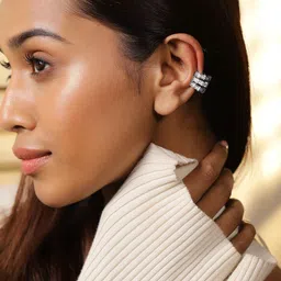 Rubans Rhodium-Plated Cubic Zirconia Studded Geometric Design Openable Ear Cuff Earrings-18