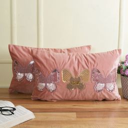 Sangria Pink & Gold-Toned Set of 2 Embellished Velvet Rectangle Cushion Covers-52