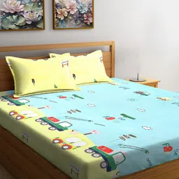 FABINALIV Yellow & Blue Cartoon Characters 300 TC Fitted King Bedsheet Set 2.50m X 2.25m-24