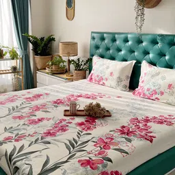 URBAN SPACE Serene Off White & Pink 200 TC Fitted Cotton King Bedsheet & 2 Pillow Covers-image-46