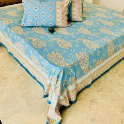 Bedbathandbliss Blue & Beige Printed Cotton 300 TC Super King Bedsheet Set 2.75 m x 2.54 m-image-83