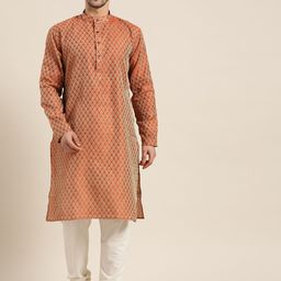 SOJANYA Men Rust Orange & Cream-Coloured Jacquard Woven Design Kurta with Churidar-16