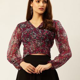 ANVI Be Yourself Navy Blue Floral Printed Puff Sleeves Georgette Wrap Crop Top-picture-13