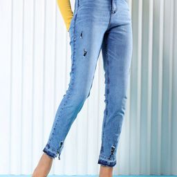 Freehand by The Indian Garage Co Women Blue Straight Fit High-Rise Low Distress Light Fade Stretchable Jeans-image-31