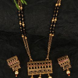 JEWELS GEHNA Black & Pink Antique Gold-Plated AD-Studded Mangalsutra & Earrings Set-20