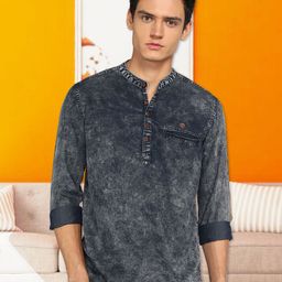 Kuons Avenue Thread Work Indigo Mandarin Collar Denim Straight Short Kurta-image-19