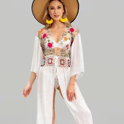JC Collection Floral Embroidered Knitted Sheer Longline Swimwear Cover up Top-image-73