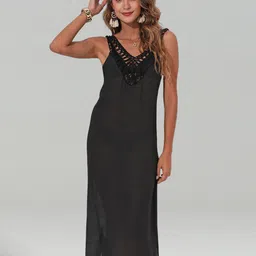 JC Collection V-Neck Fringed A-Line Swimwear Cover Up Dress-image-86