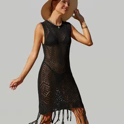 JC Collection Self Design Tasseled Swimwear Cover-Up Top-image-1