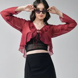 IZF Tie-Up Neck Ruffle Shrug-19