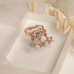 JOKER & WITCH Rose Gold Turquoise-Blue Rhinestone-Studded Glitter Evil Eye Finger Ring-picture-5