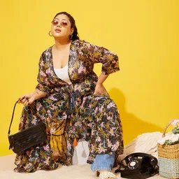 QUIERO MAS Plus Size Floral Printed Longline Tie-Up Longline Shrug-53