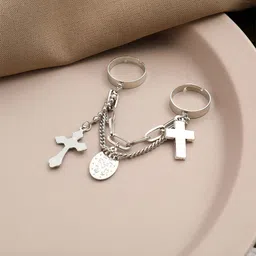 Yellow Chimes Jesus Christ & Cross-Charms Chain Linked Double Ring-picture-12