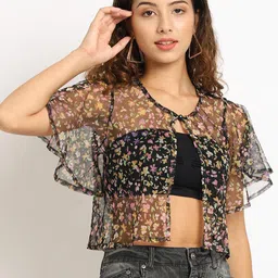 Rute Women Black & Pink Floral Printed Cotton Shrug-55