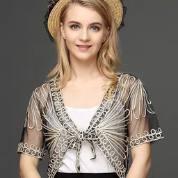 JC Collection Embroidered Sheer Crop Tie-Up Shrug-40