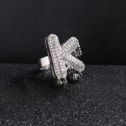 French Accent Men Silver-Plated Stone Studded K Alphabet Ring-image-37