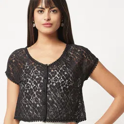 Espresso Front Button Lace Crop Shrug-36